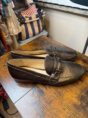Enzo Angiolini Leather Loafer Slip-On Sparkling Gold-Look Shoes Womens Size 8.5